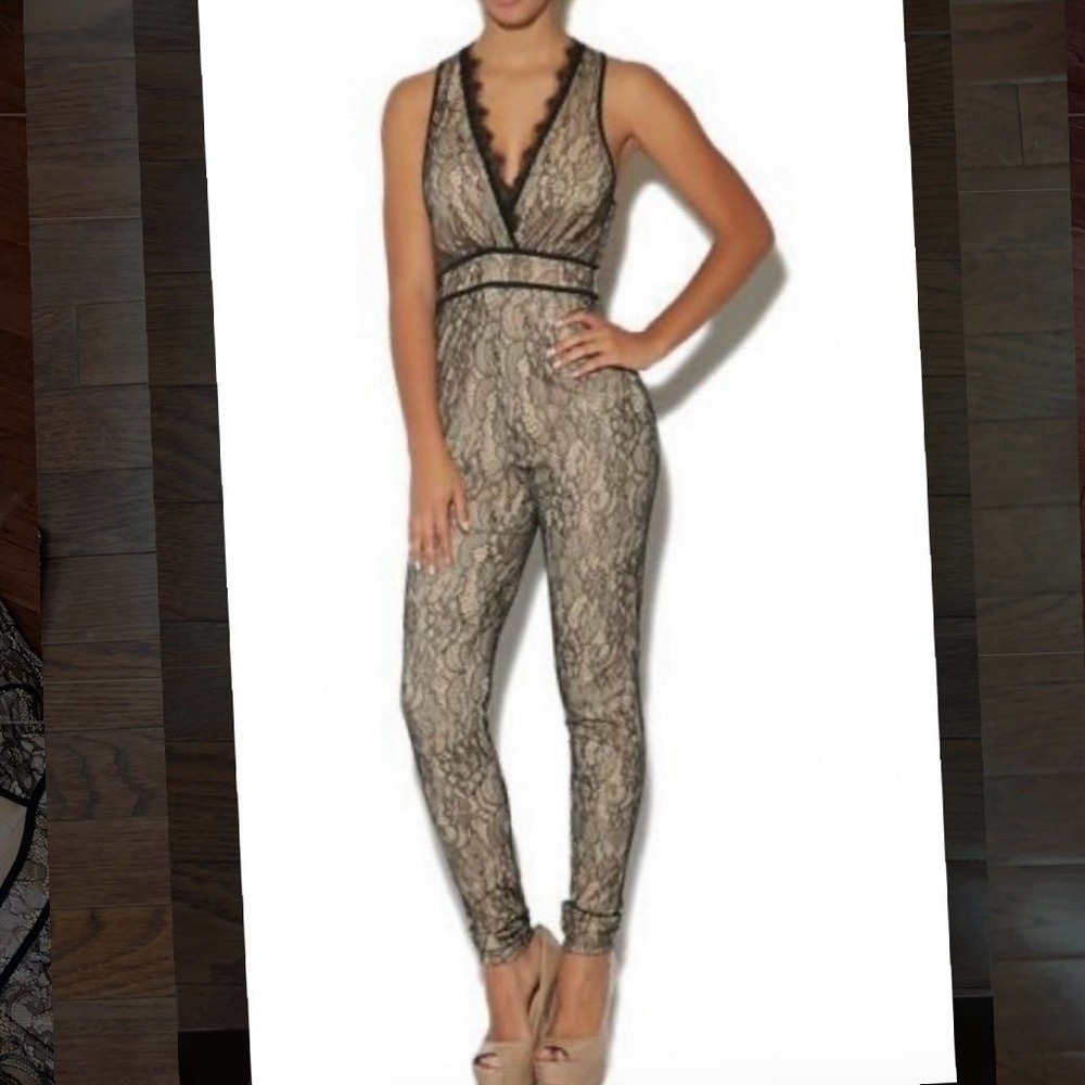Vintage 2000s Arden B Black Plunge Bodycon Black Beige Sexy Jumpsuit